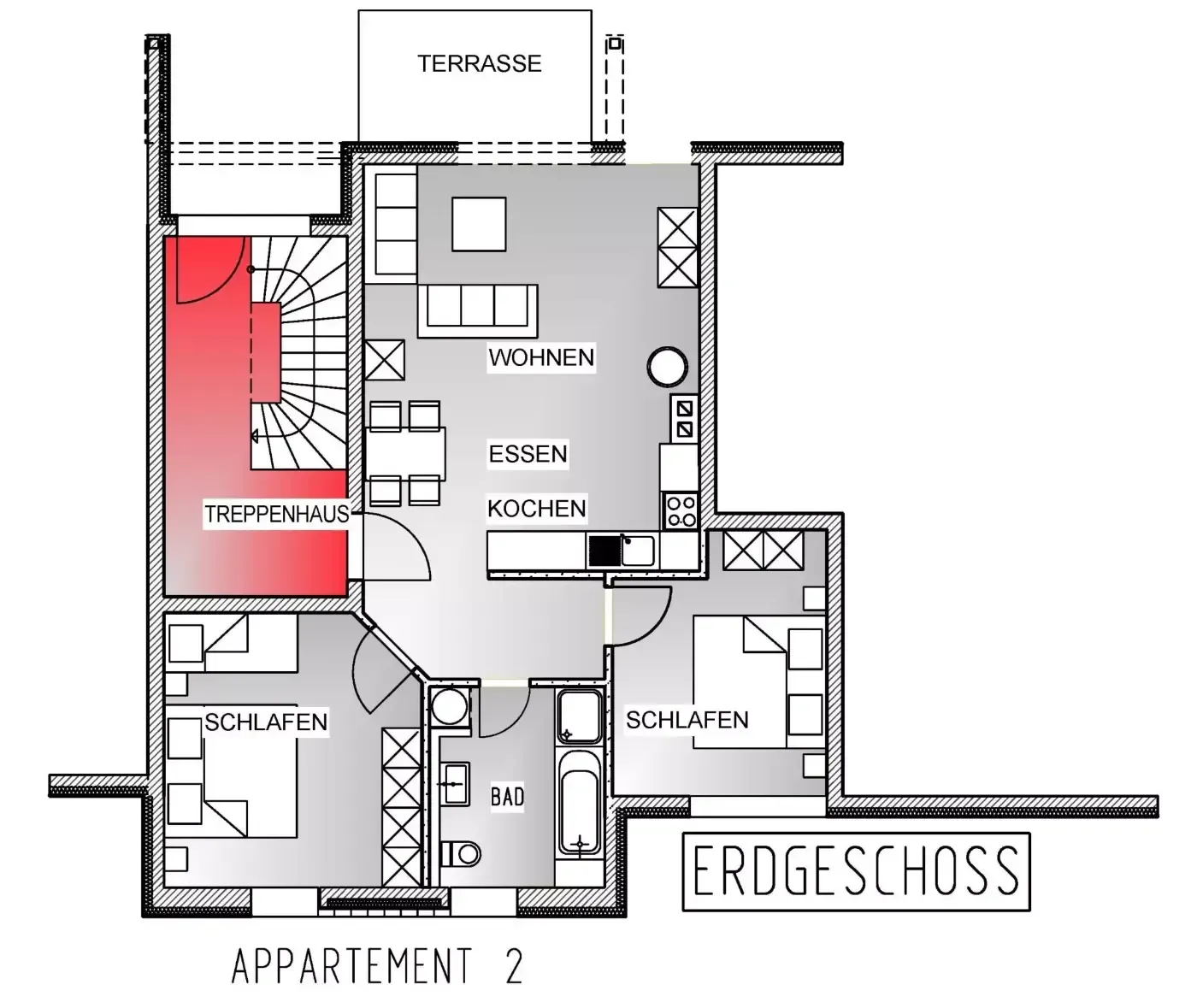 Grundriss einer Erdgeschosswohnung mit Wohnküche, zwei Schlafzimmern, einem Badezimmer und einem hervorgehobenen Treppenhaus.