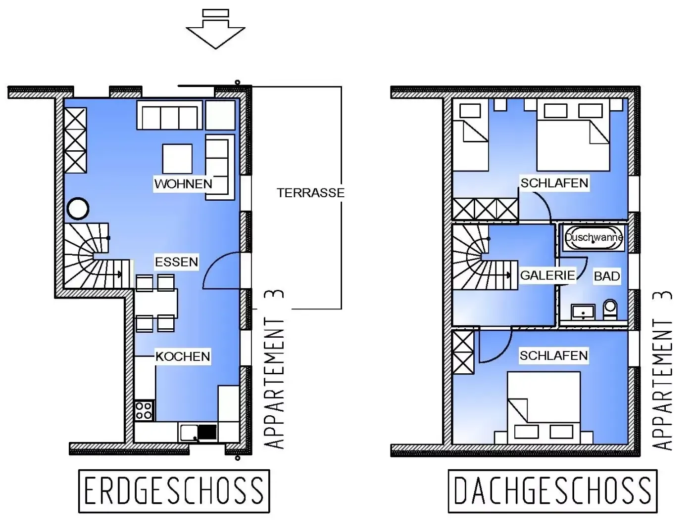 Grundriss einer zweistöckigen Wohnung mit Wohn-/Essbereich im Erdgeschoss und Schlafzimmern/Badezimmer im Obergeschoss.