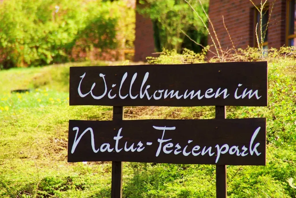 A wooden sign in a grassy area reads 