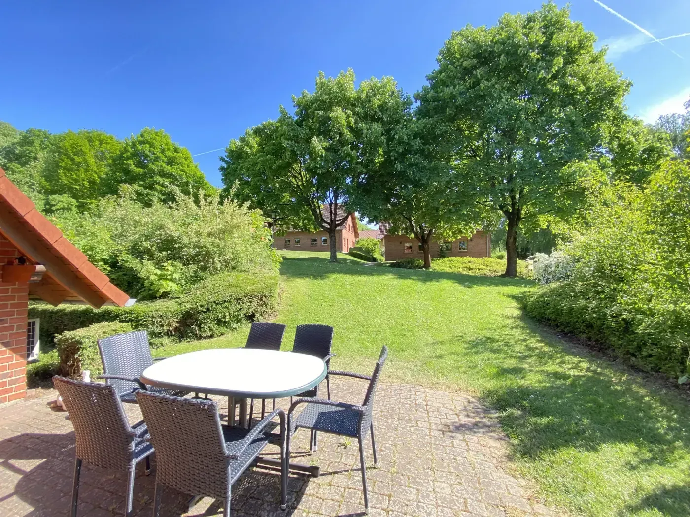 Ein Tisch und Stühle auf einer Terrasse mit Blick auf einen grasbewachsenen Hinterhof mit Bäumen unter strahlend blauem Himmel.