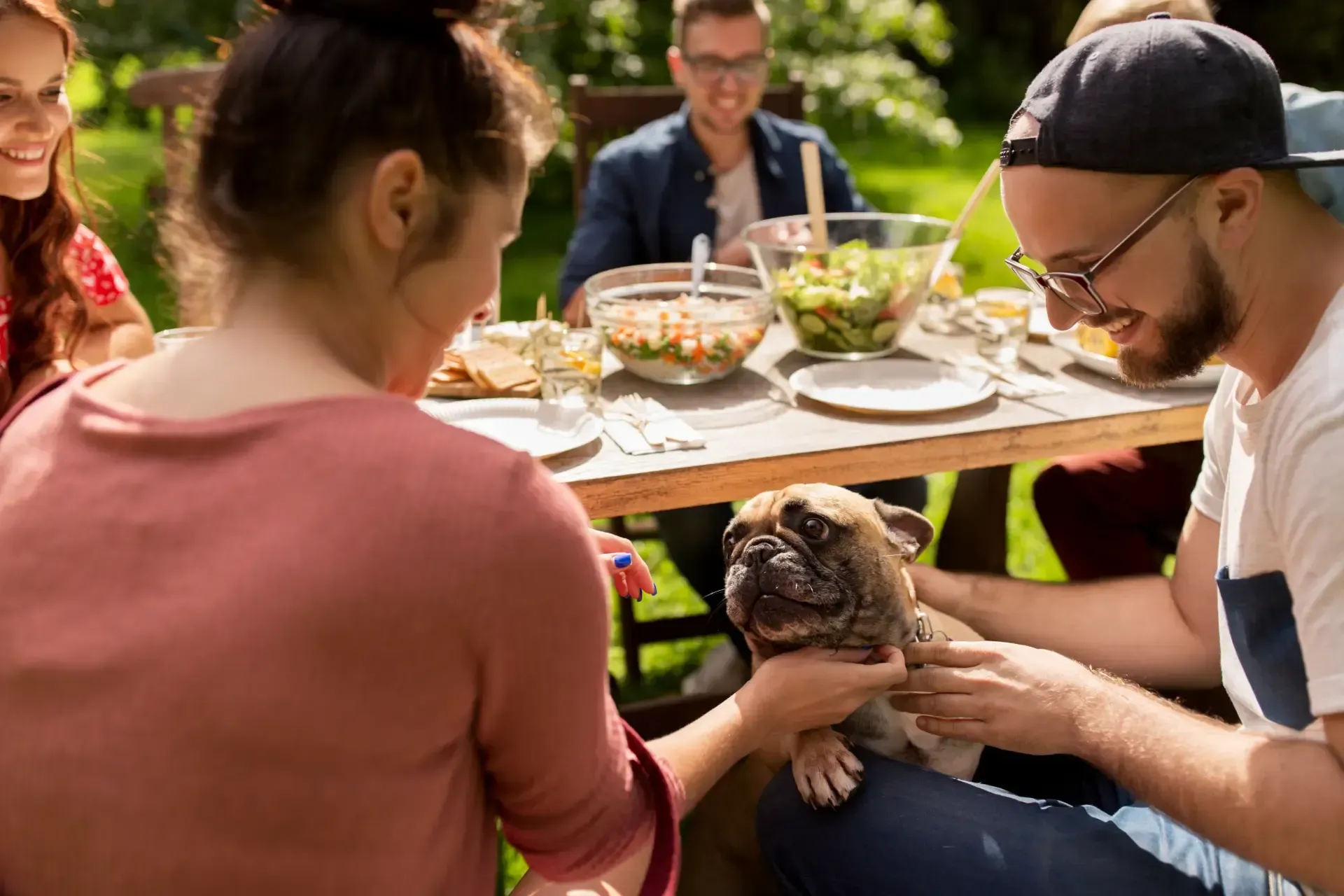 Freunde sitzen an einem Esstisch im Freien, es gibt Salat und andere Gerichte, und sie streicheln gemeinsam einen kleinen Mops.