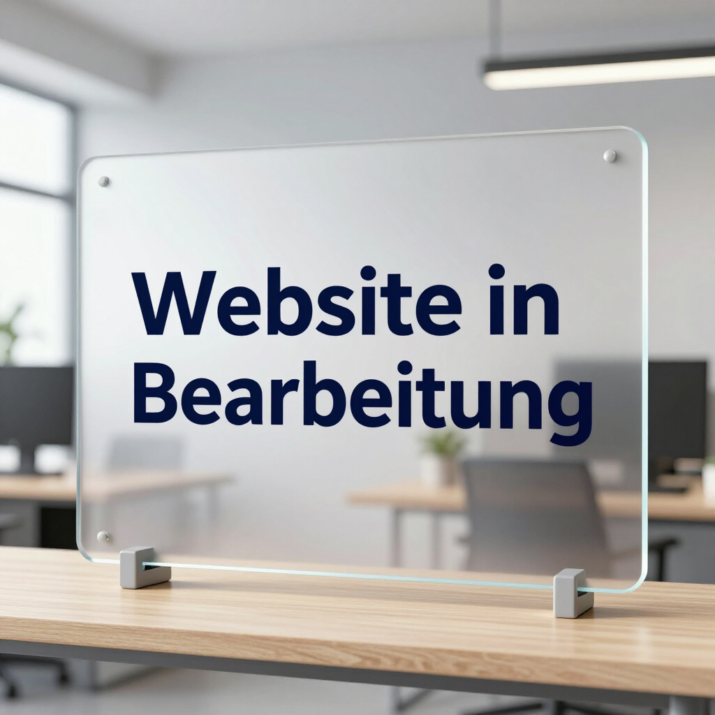 Transparentes Schild auf einem Holzschreibtisch mit der Aufschrift „Website in Bearbeitung“ in einer verschwommenen Büroumgebung