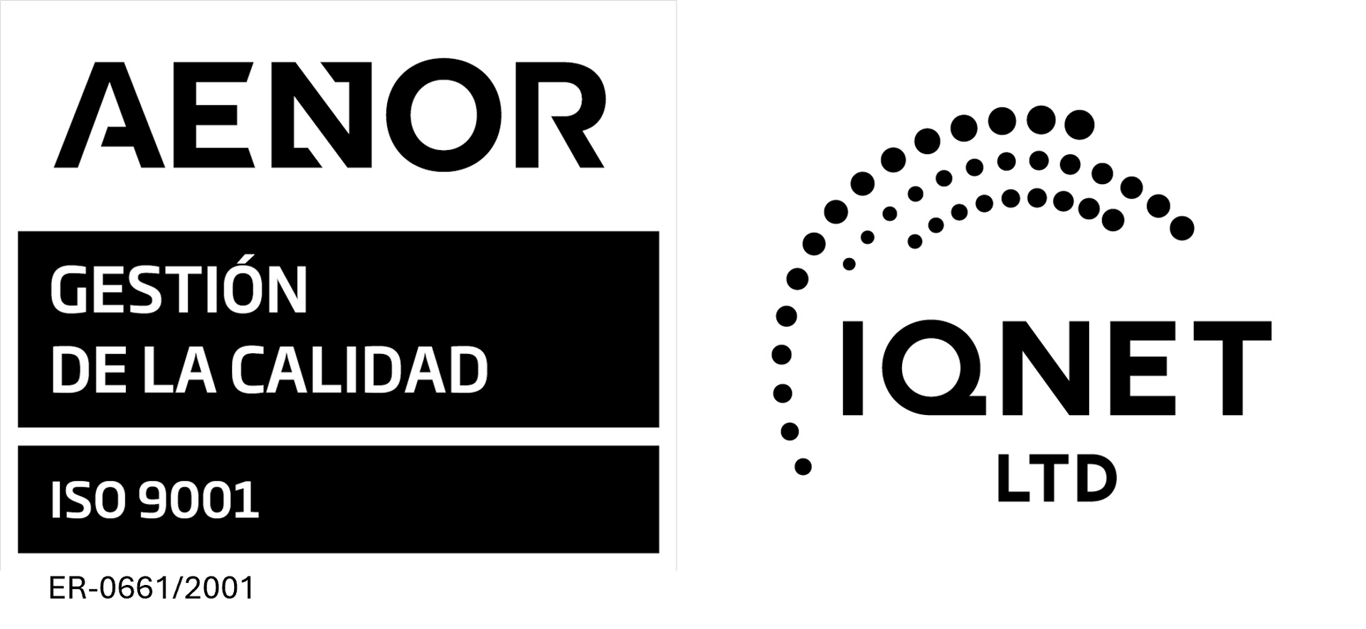 Hay dos logotipos sobre un fondo blanco, uno de los cuales es un sistema de gestión certificado.