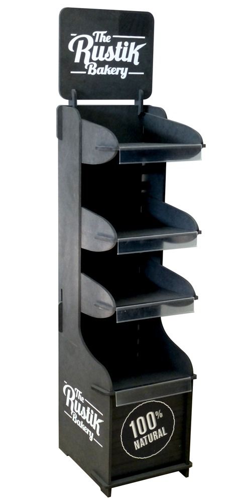 Un expositor negro para la panadería rústica.