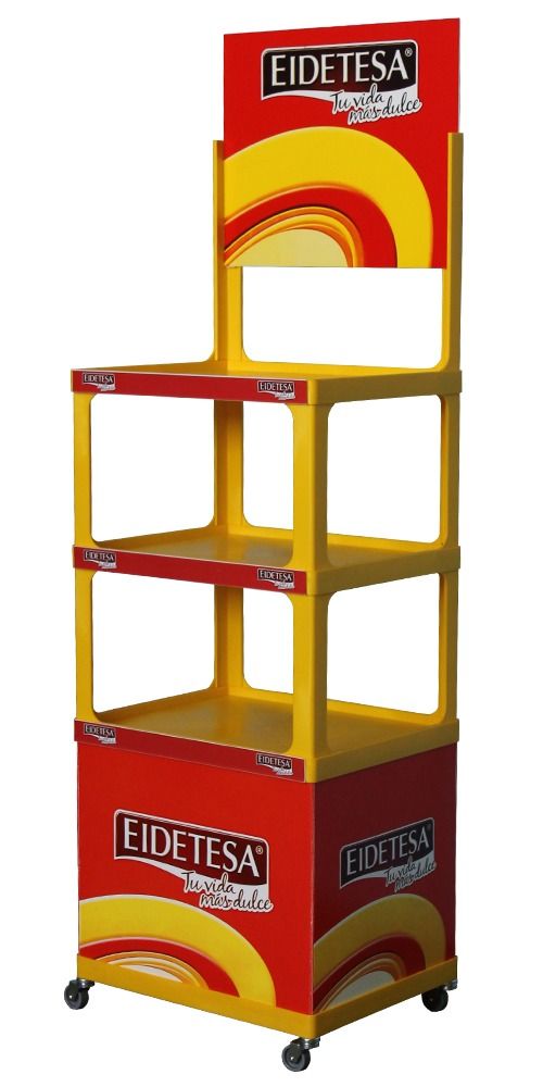 Un expositor rojo y amarillo con ruedas para eidetesa