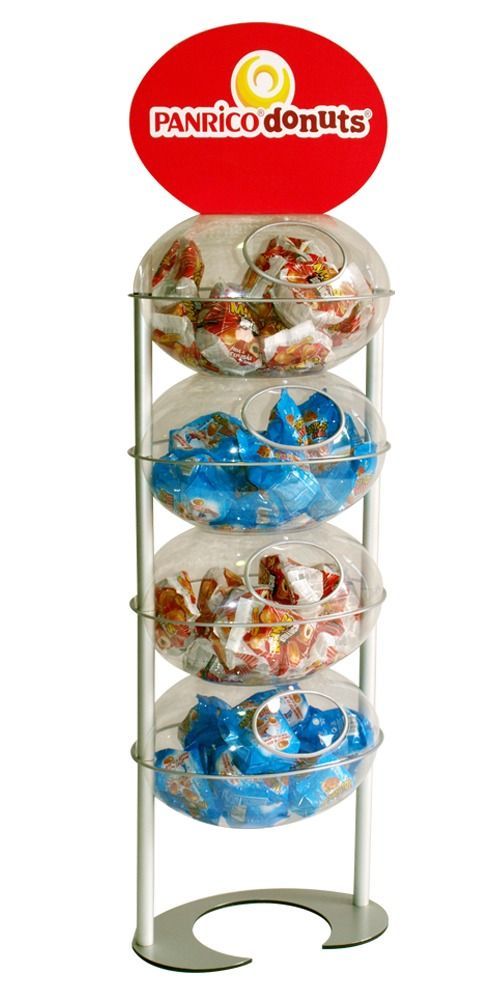 Exhibidor de donas Panrico con cuatro recipientes transparentes.