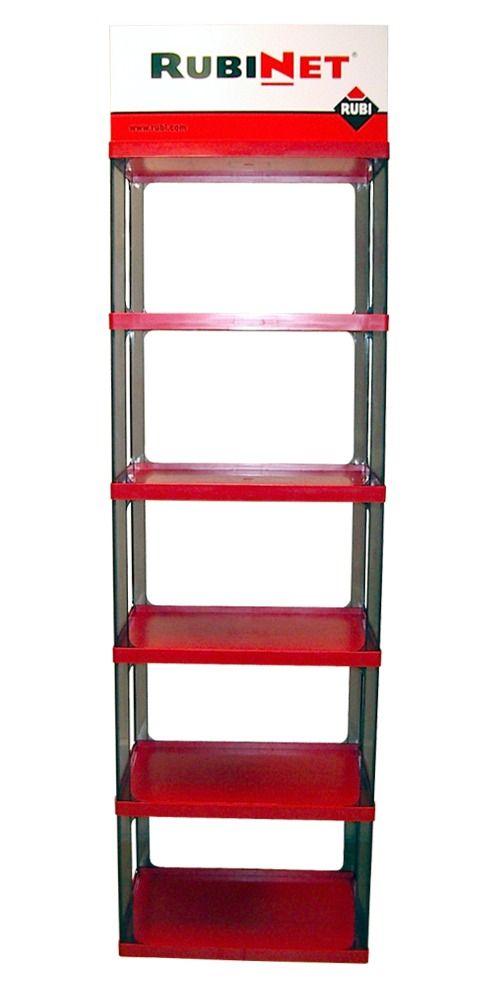 Un estante rojo con un cartel que dice Rubinet.