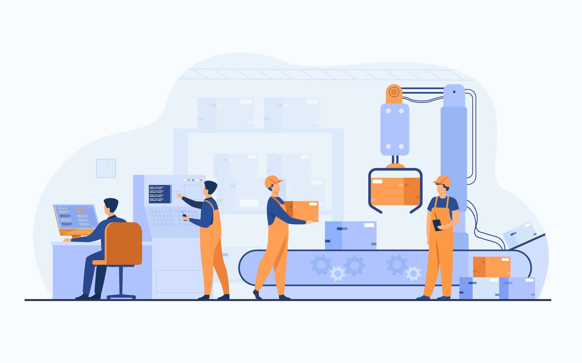 Un grupo de personas está trabajando en una cinta transportadora en una fábrica.