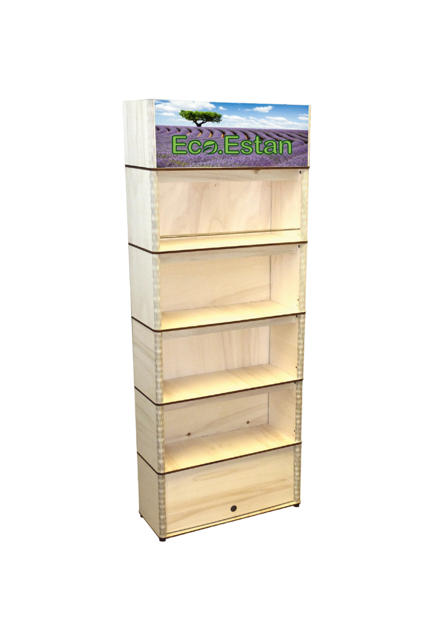 Un estante de madera con una imagen de un campo de lavanda.