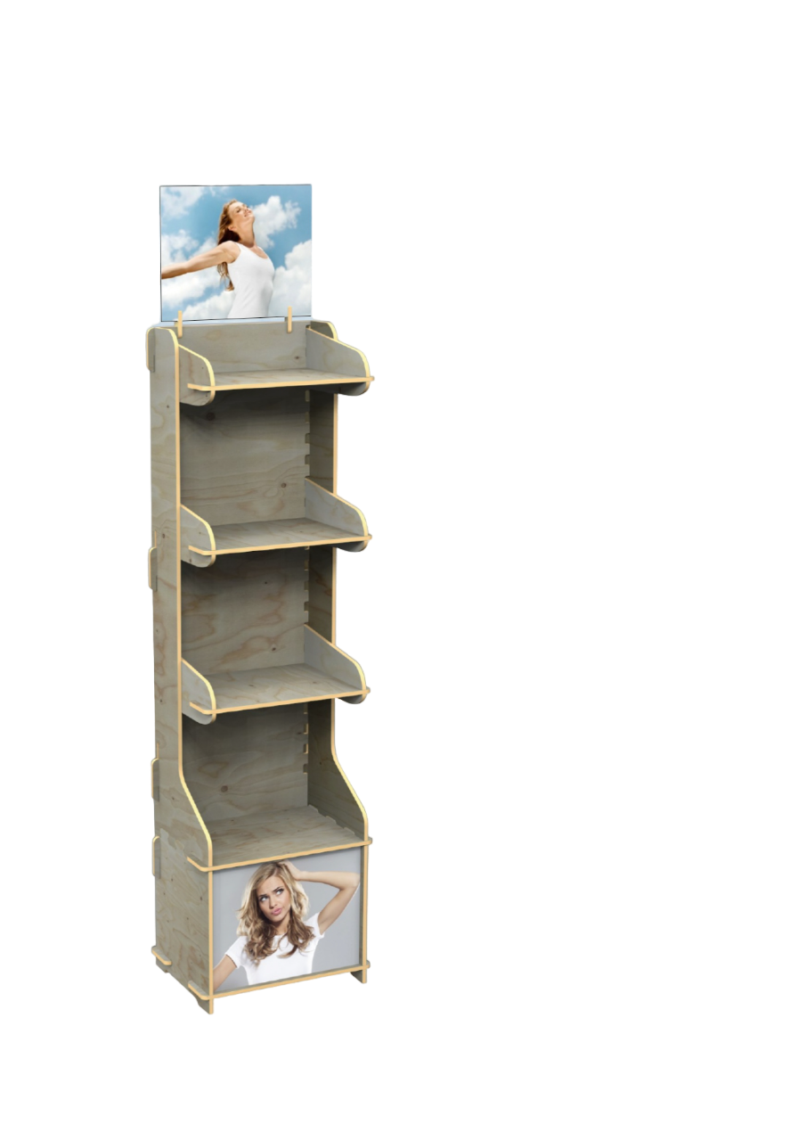 Un estante de madera con una imagen de una mujer en él.