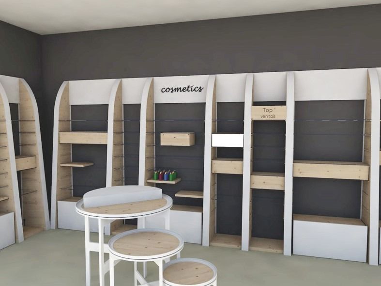 Una representación de una tienda de cosméticos con una mesa y sillas.