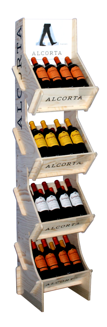 Un botellero de madera lleno de botellas de vino.