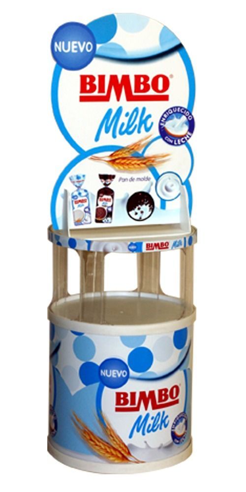 Se muestra un expositor de leche Bimbo sobre un fondo blanco.