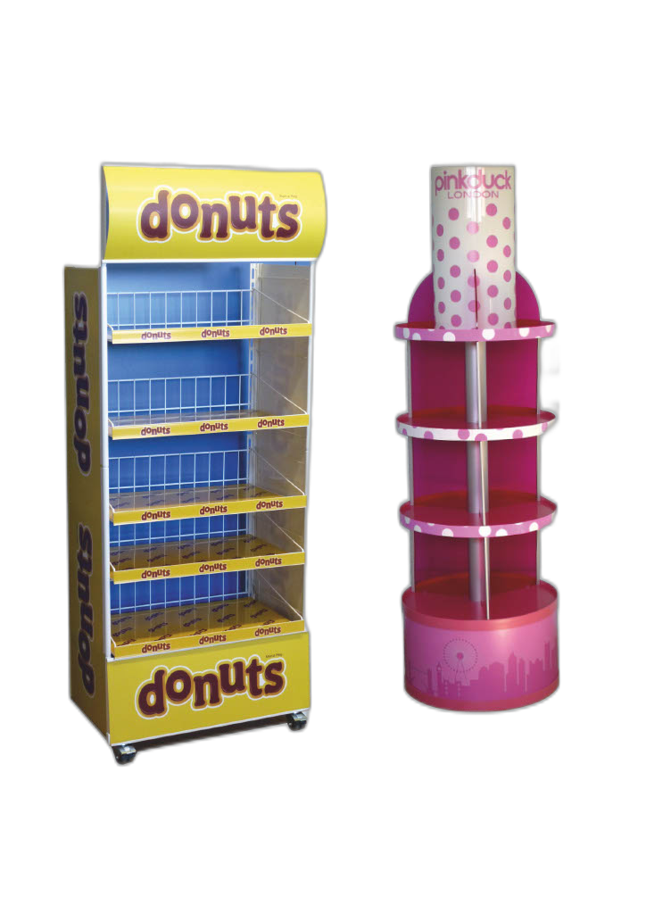 Dos expositores de donas se encuentran uno al lado del otro sobre un fondo blanco.