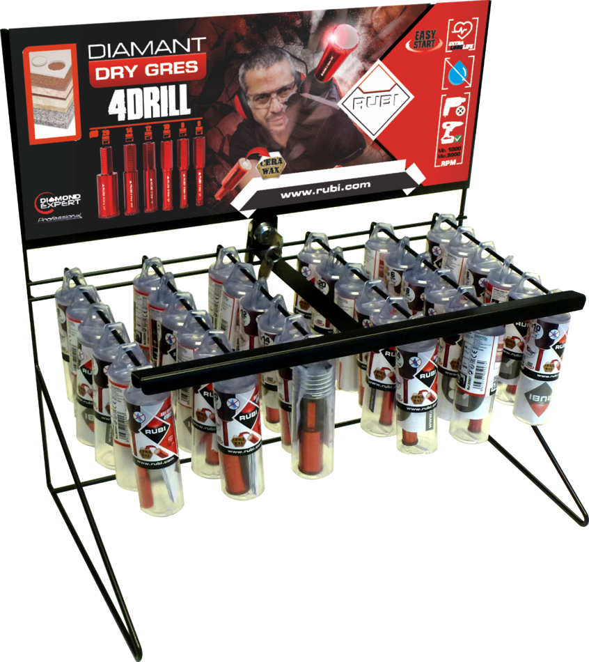 Una exhibición de taladros y un cartel que dice diamant dry gres 4drill