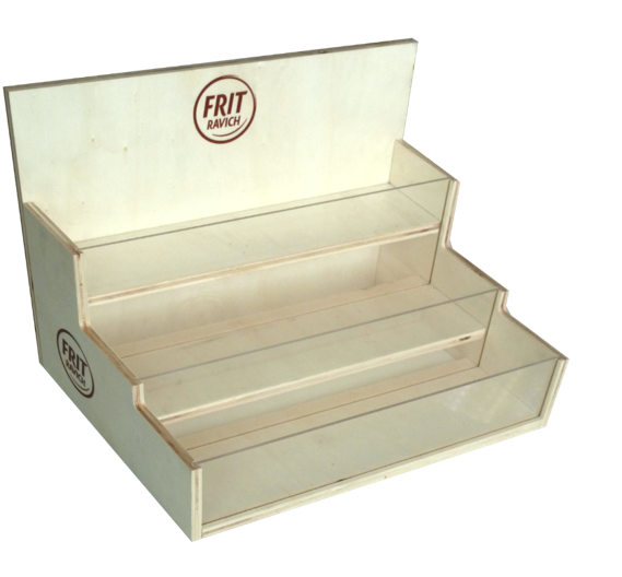 Un estante de madera con la palabra frita en él