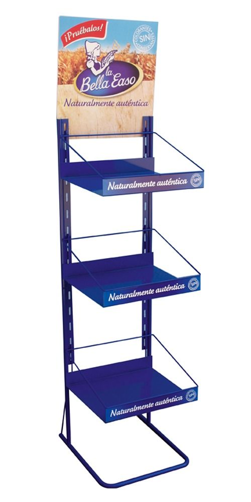 Un expositor con tres estantes y un cartel que dice 'bello bake'.