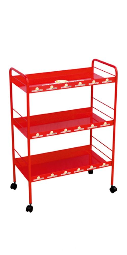 Un carro rojo con tres estantes y ruedas sobre un fondo blanco.