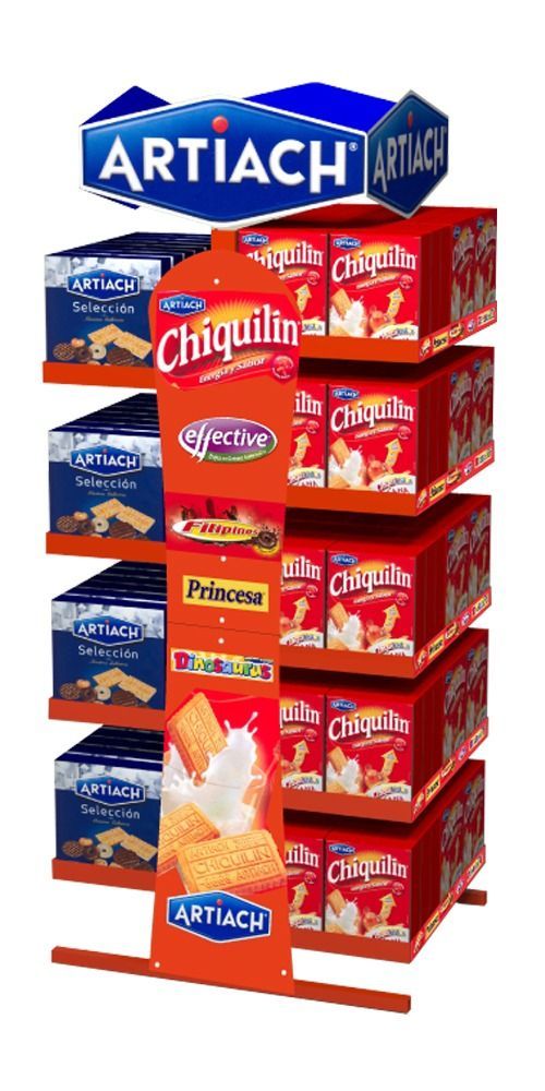 Un expositor lleno de cajas de galletas chiquilín.