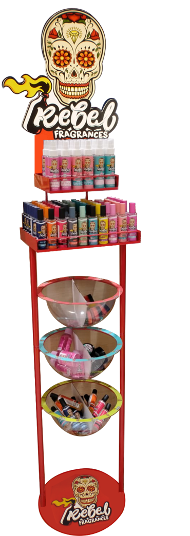 Un expositor con una calavera encima.