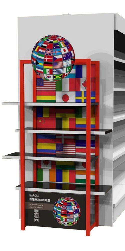 Un estante con banderas de diferentes países.