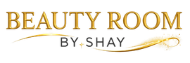 Logotipo de Beauty Room by Shay con texto dorado y una l&iacute;nea dorada ondulada sobre fondo blanco.