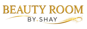Logotipo de Beauty Room by Shay con texto dorado y una l&iacute;nea dorada ondulada sobre fondo blanco.
