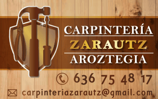 Tarjeta de presentaci&oacute;n de Carpinter&iacute;a Zarautz con herramientas sobre un escudo, n&uacute;mero de tel&eacute;fono 636 75 48 17 y direcci&oacute;n de correo electr&oacute;nico en madera.
