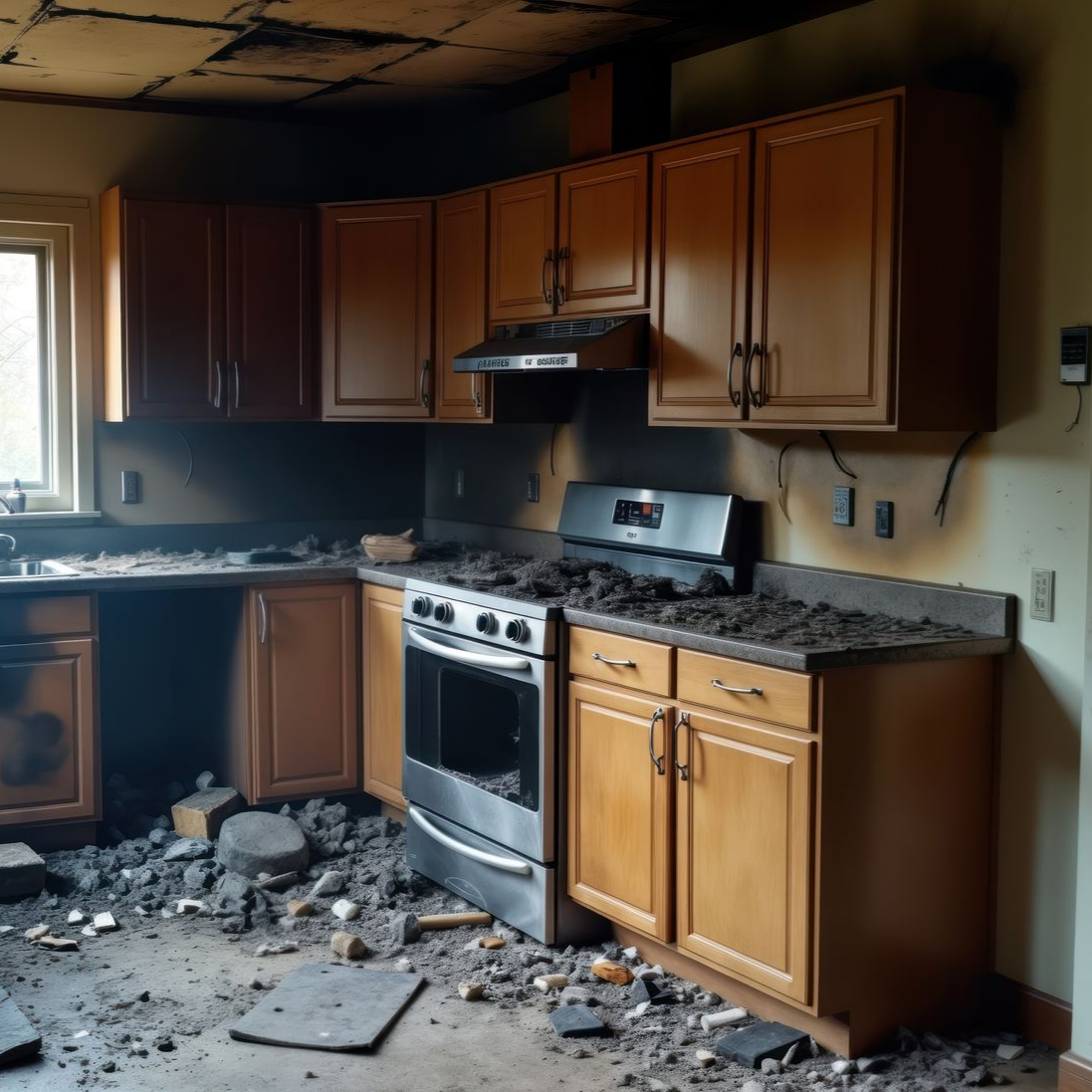 Une cuisine après un incendie