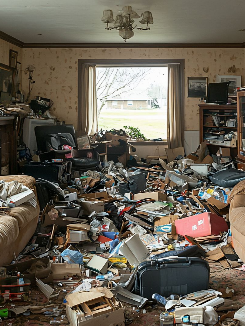 Une pièce pleine de déchets et de détritus