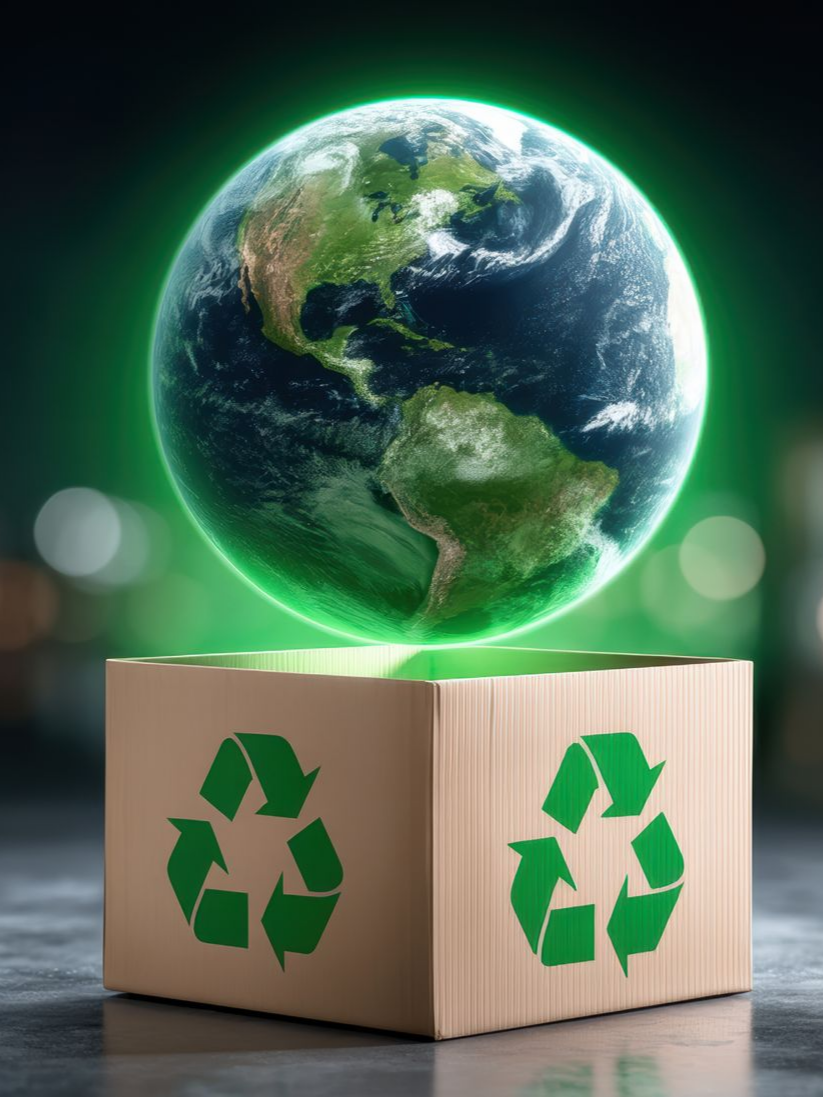 Une planète sur un carton avec le symbole du recyclage