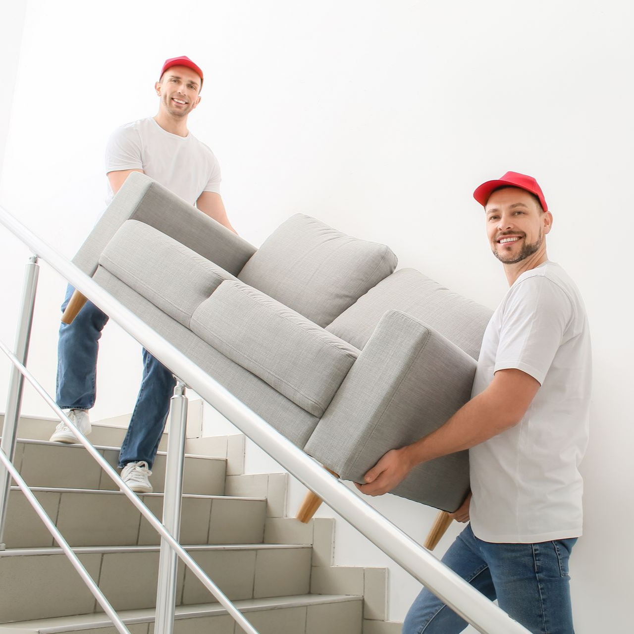 Deux hommes portant un canapé dans un escalier