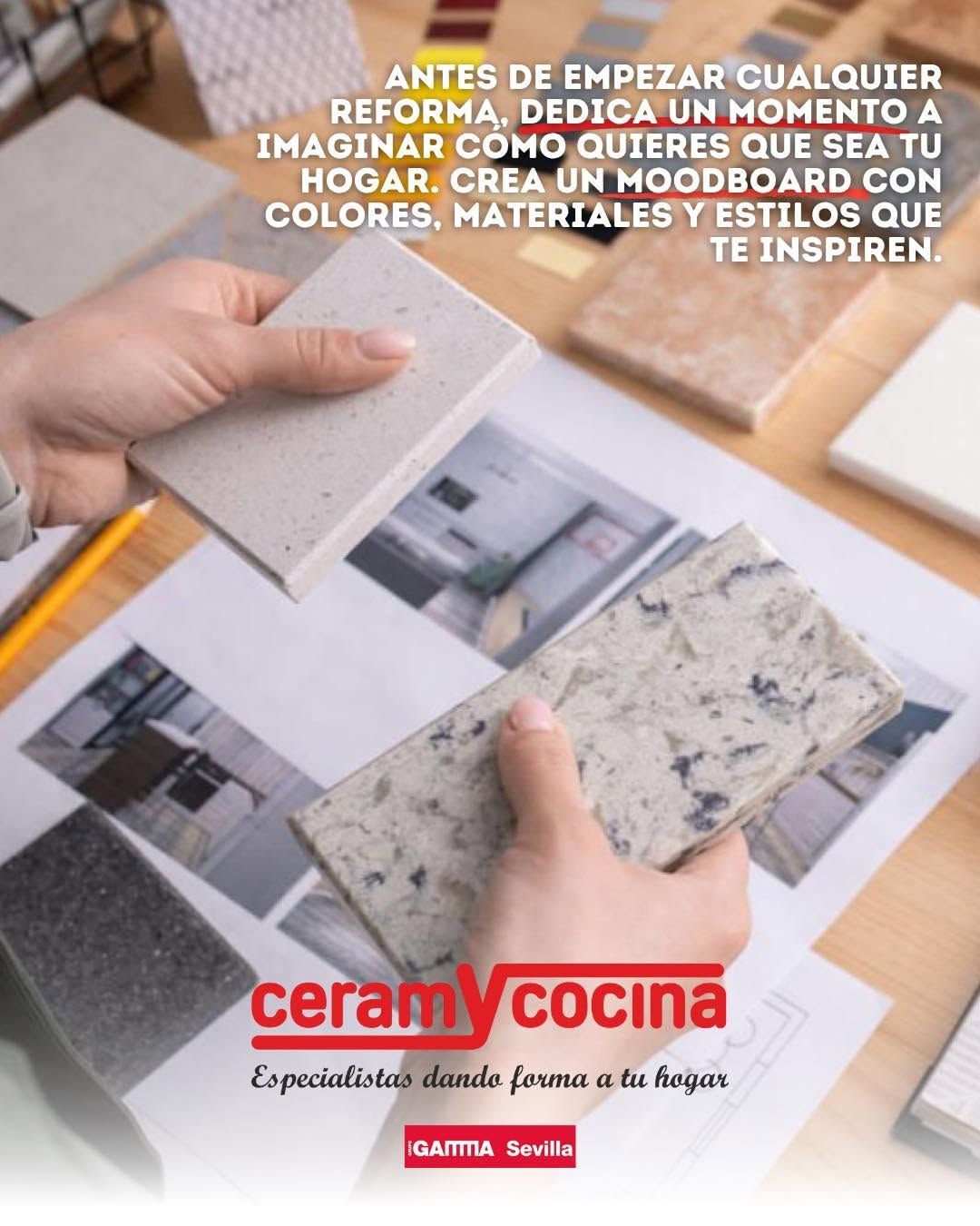Persona instalando una cocina blanca en una publicidad con texto rojo en español.