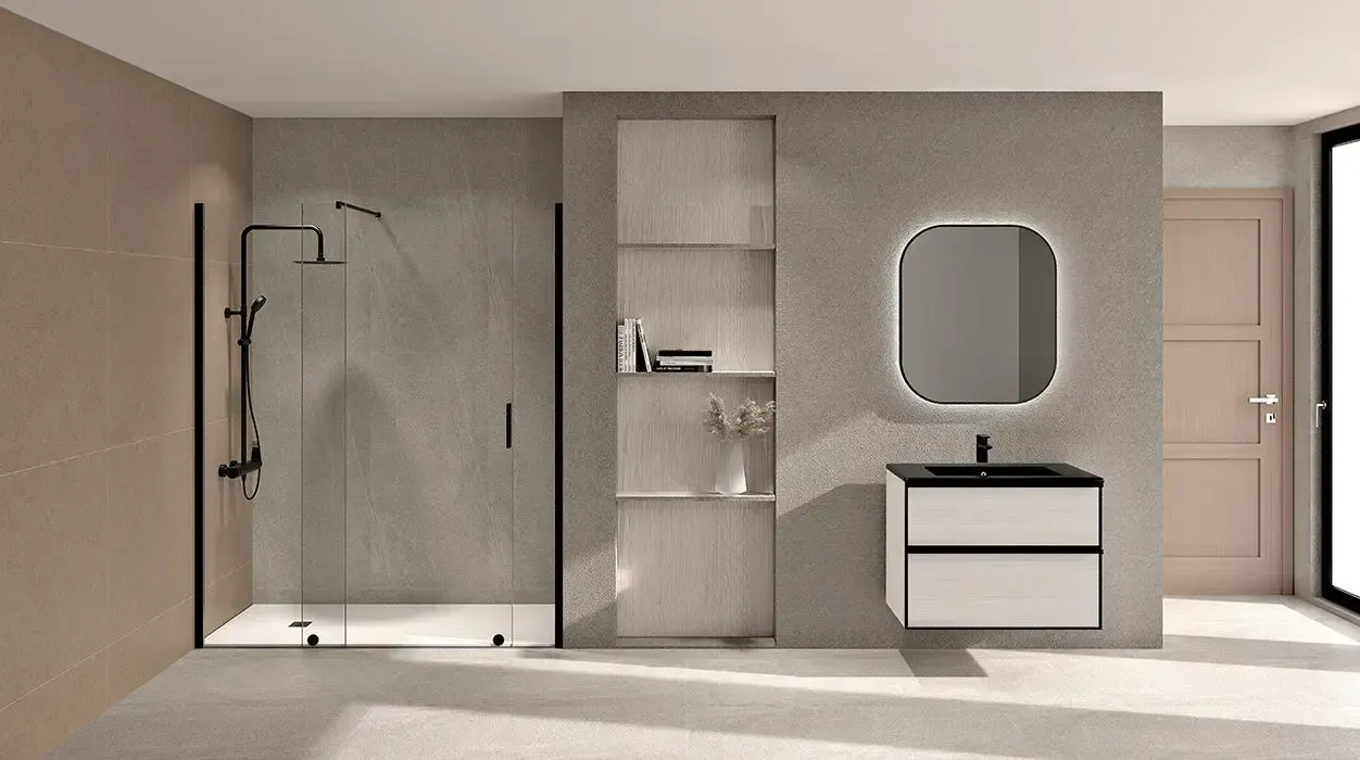 Baño moderno con lavabo mural, espejo, lámpara colgante e inodoro tipo bidé sobre suelo de imitación madera.