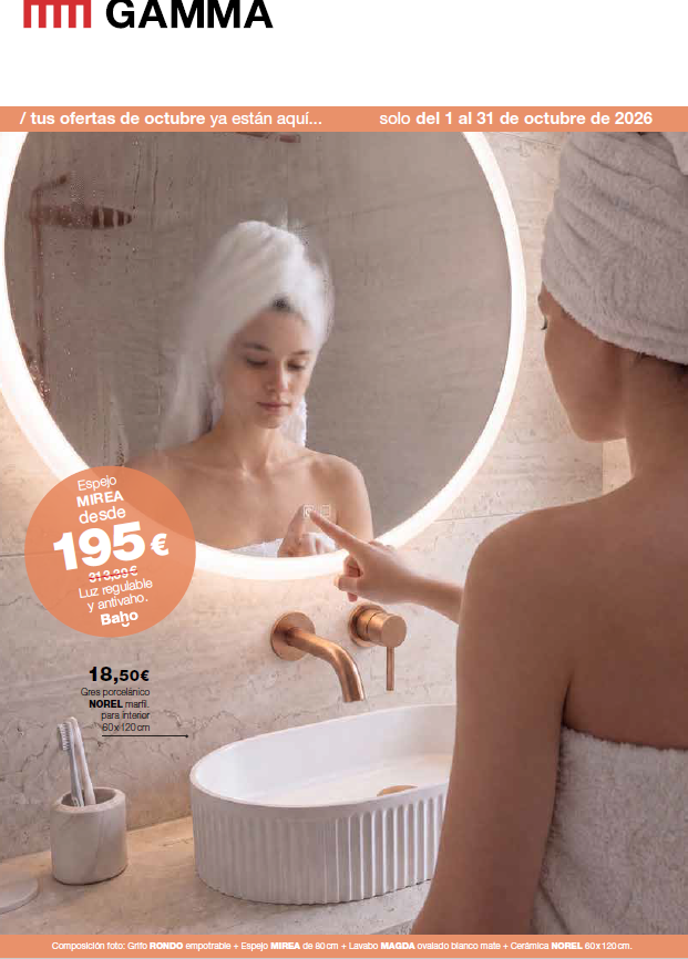Tocador de baño en una habitación de color beige claro con espejo redondo, mueble de madera oscura, lavabo y planta en maceta.