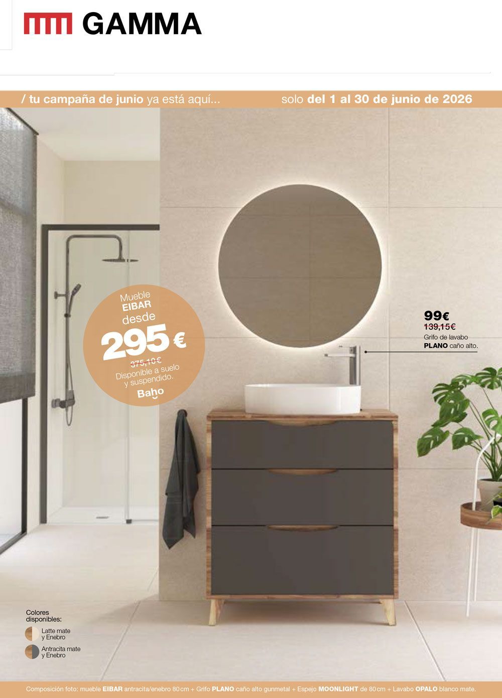Tocador de baño en una habitación de color beige claro con espejo redondo, mueble de madera oscura, lavabo y planta en maceta.
