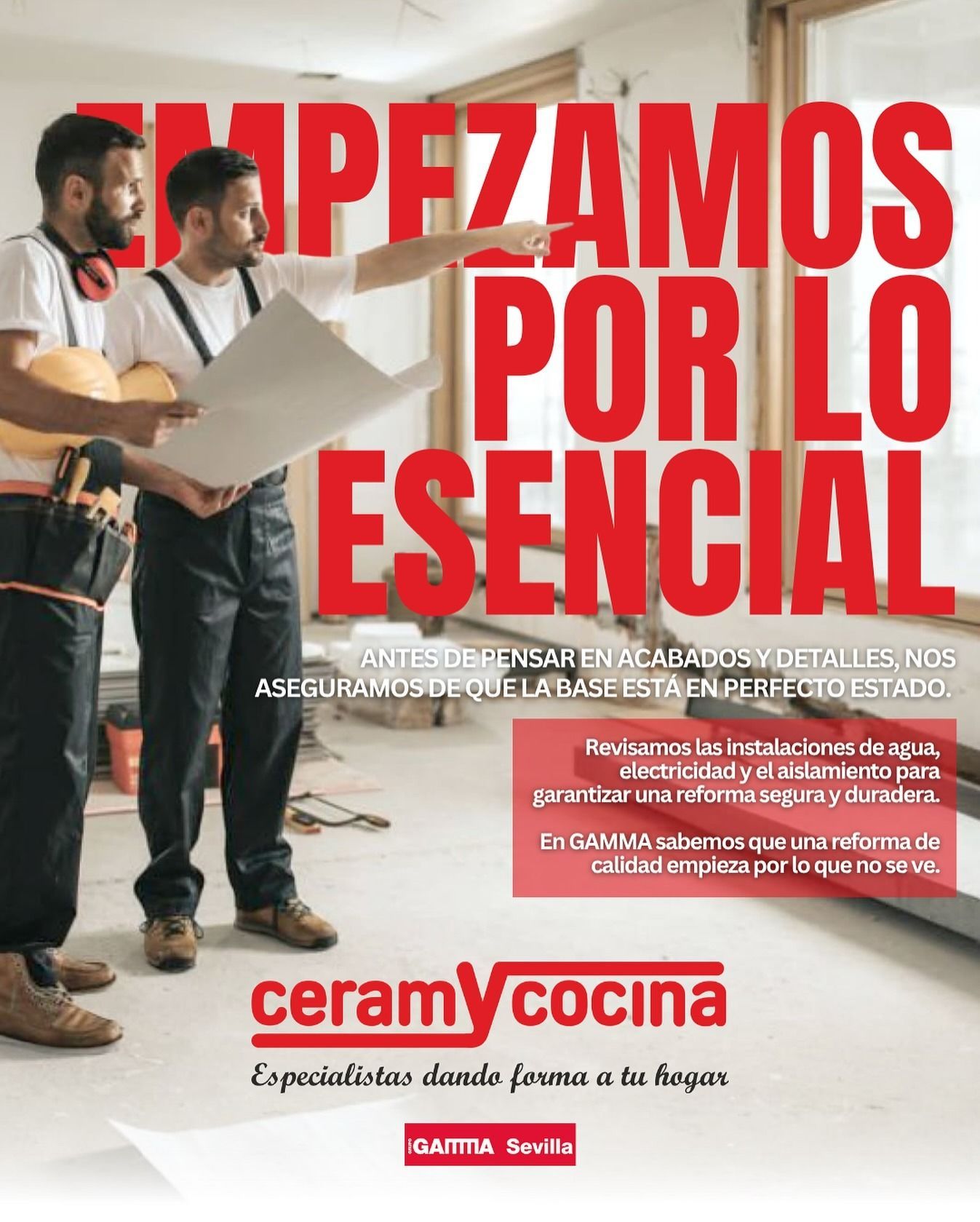 Persona instalando una cocina blanca en una publicidad con texto rojo en español.