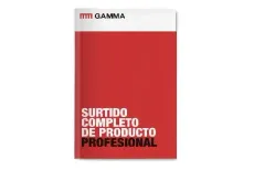 Logotipo de Gamma sobre fondo rojo con texto blanco y negro: “Surtido completo de producto profesional.”