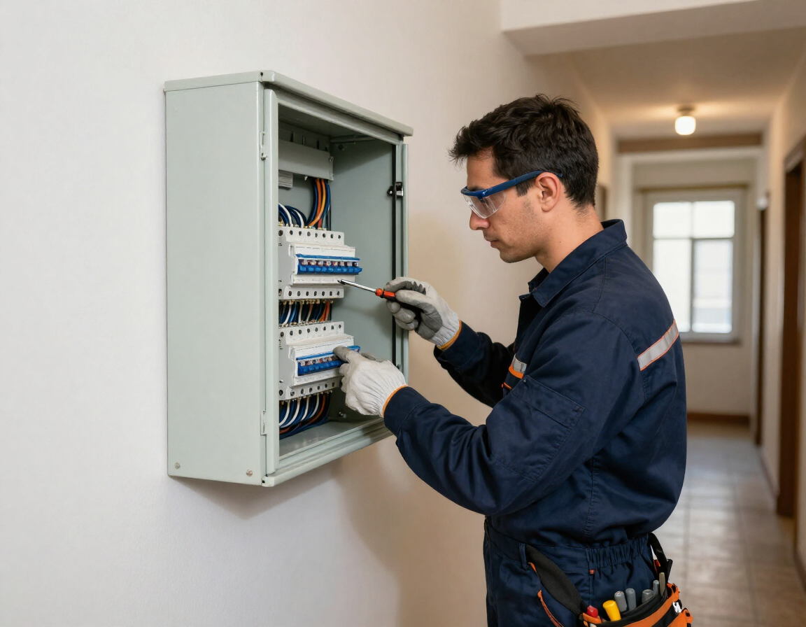 Técnico cableando un cuadro eléctrico abierto en un pasillo