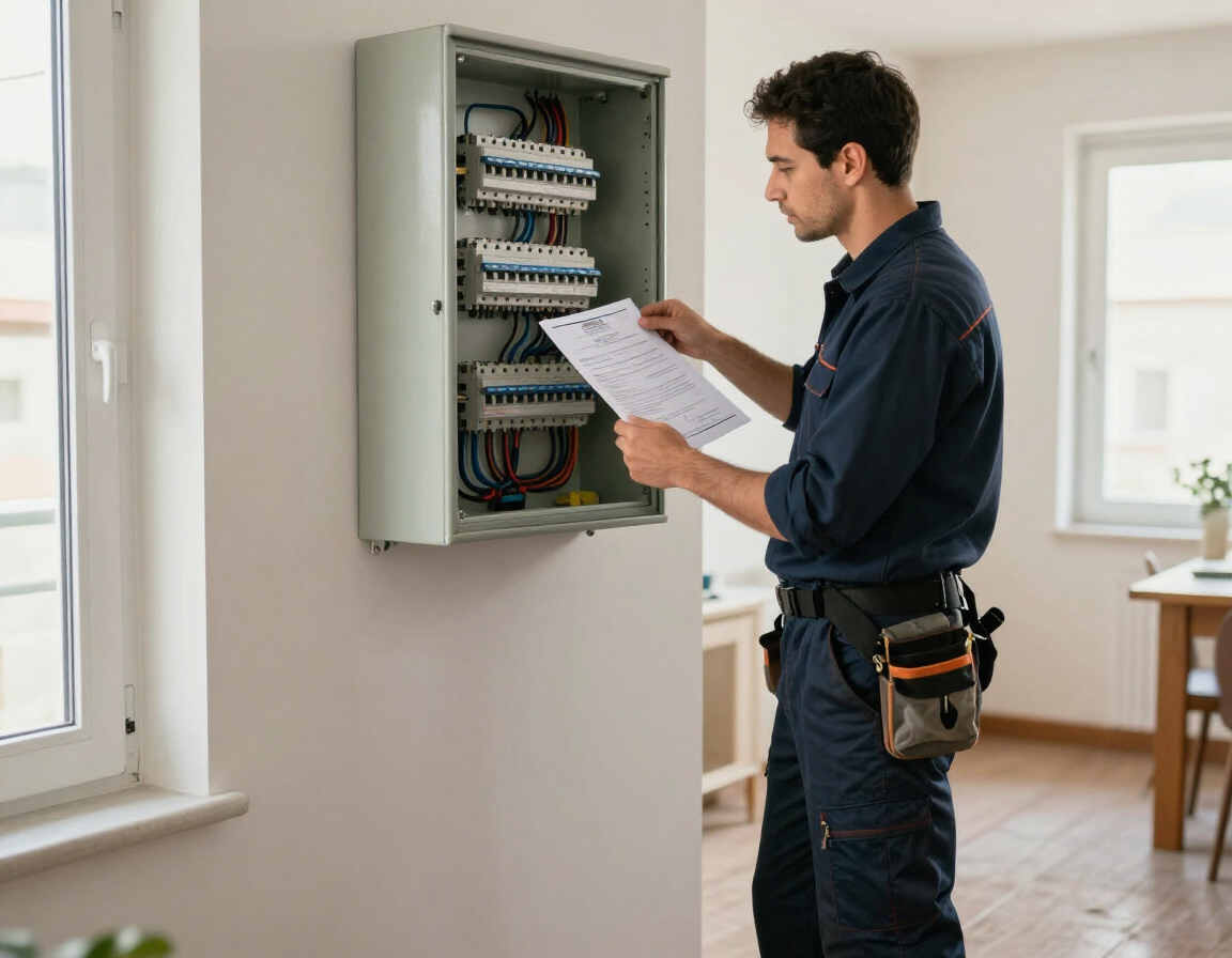 Un electricista inspecciona un panel eléctrico abierto con una tabla sujetapapeles en una habitación luminosa