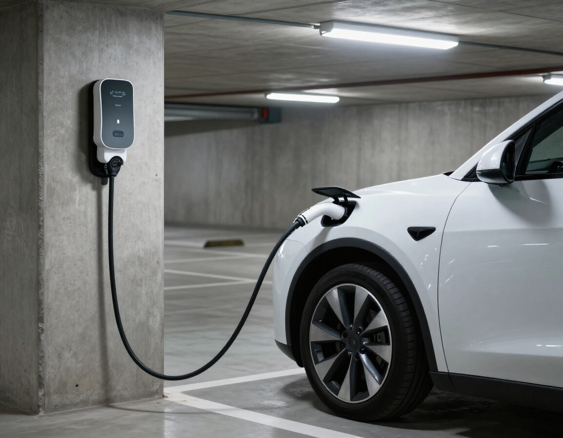 Coche eléctrico cargándose en un aparcamiento de hormigón, conectado a un cargador de pared mediante un cable.