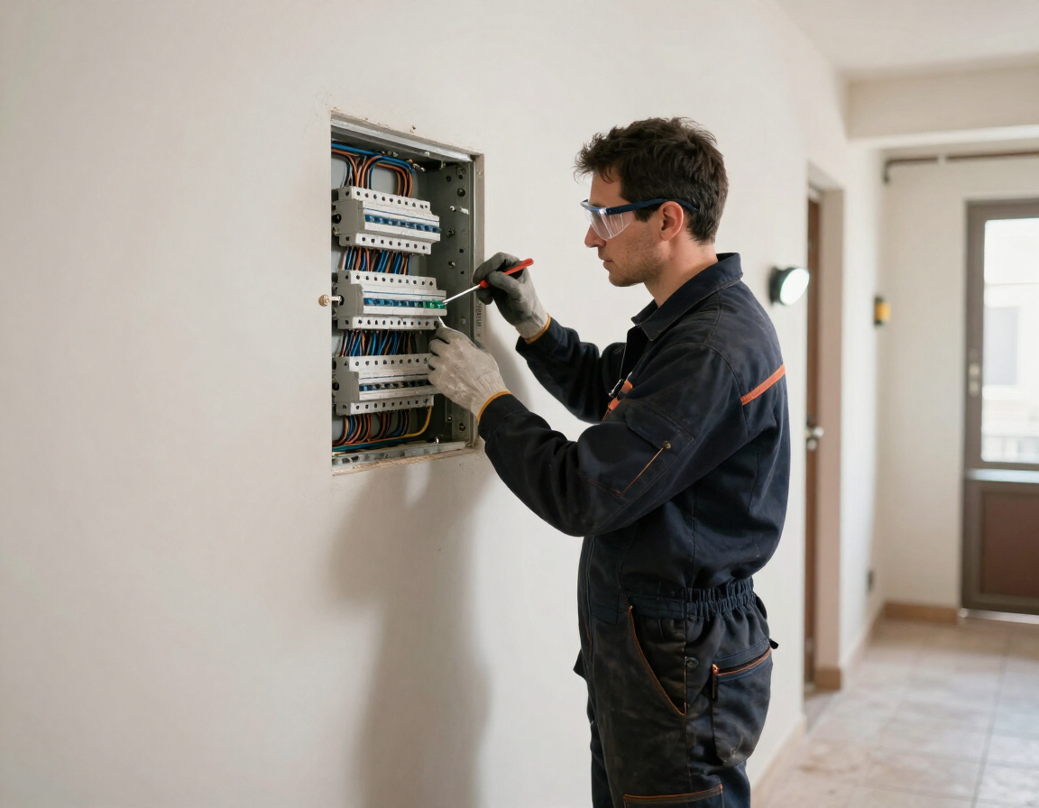 Un técnico inspecciona un cuadro eléctrico en un pasillo, con guantes y utilizando una herramienta.