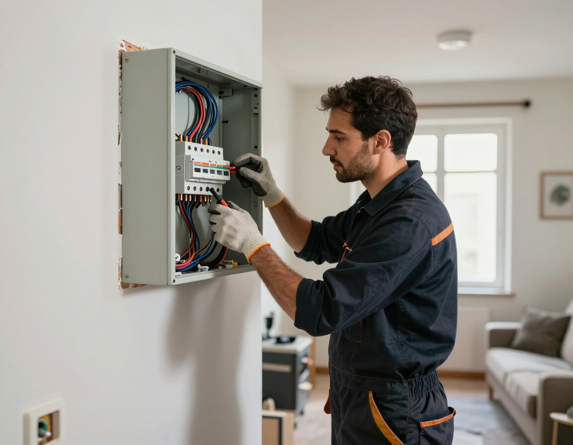 Electricista ajustando el cableado dentro de un cuadro eléctrico abierto en una vivienda.