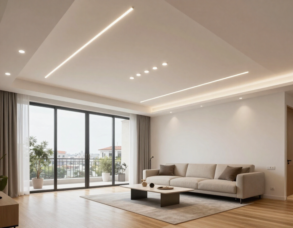 Sala de estar moderna con sofá beige, mesa de centro, suelo de madera y grandes puertas correderas de cristal