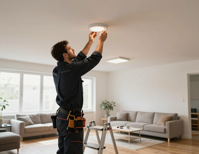 Un electricista instalando una lámpara de techo en un salón luminoso, subido a una escalera de mano.