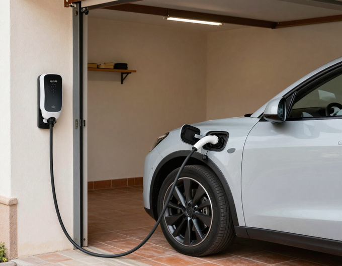 Un coche eléctrico cargándose en un garaje abierto, con un cargador de pared conectado mediante un cable a un SUV blanco.