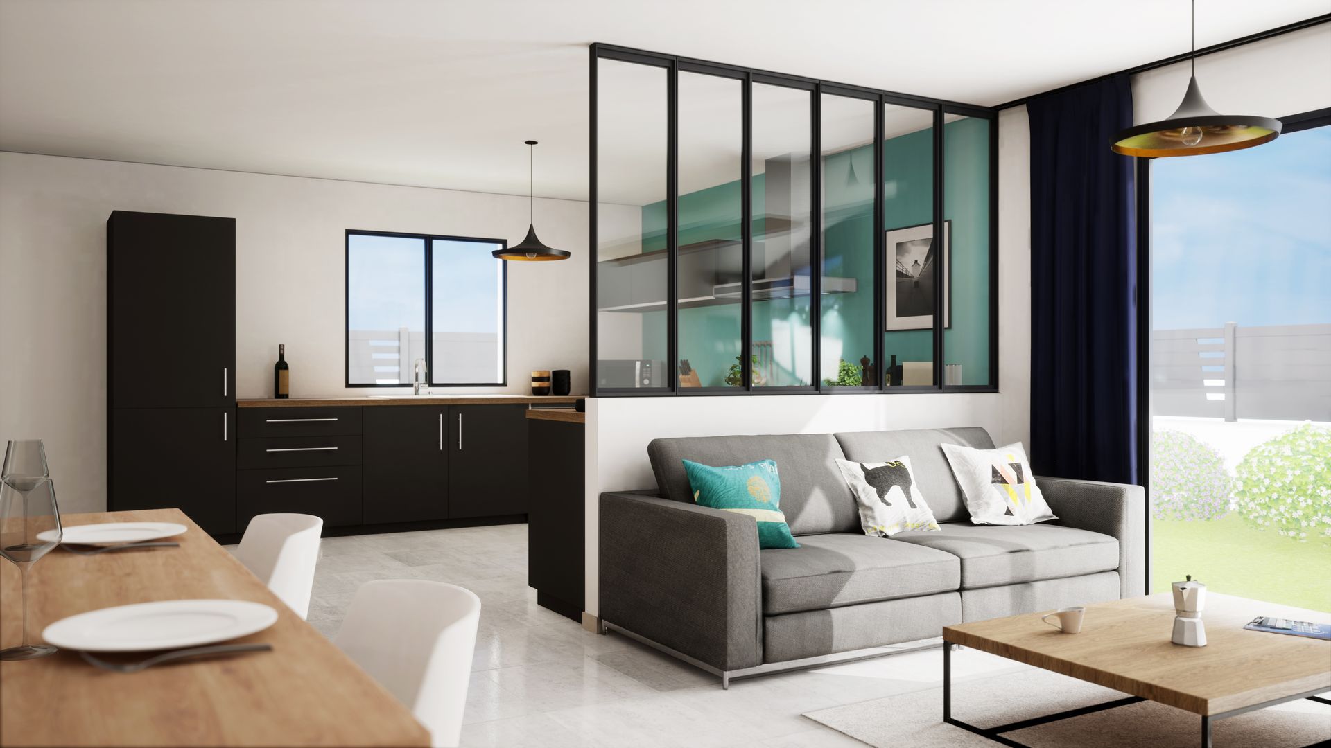 Espace de vie moderne et ouvert, avec cuisine et salon séparés par une paroi vitrée. Décoration grise et blanche.