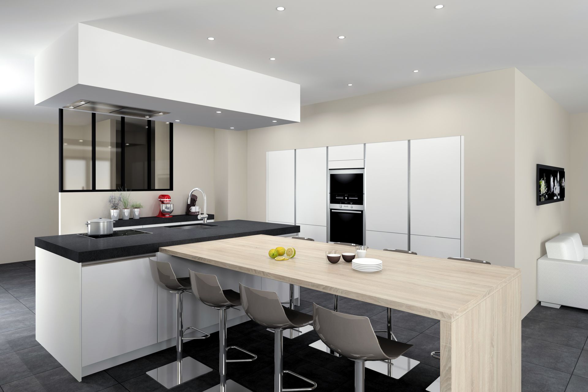 Cuisine moderne avec placards blancs, îlot central avec tabourets et plans de travail noirs.