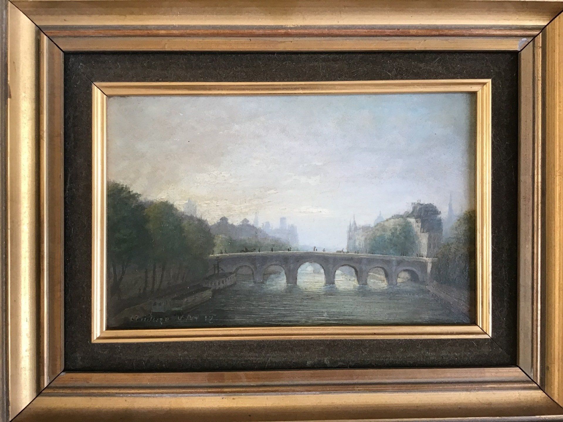 Huile sur paneaux de bois, Pont de Paris, XIXe siècle