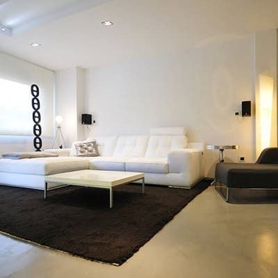 Una sala de estar con un sofá blanco y una alfombra negra.